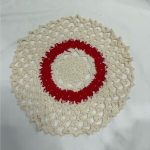 Crochet Doily with Red and Cream Accents
